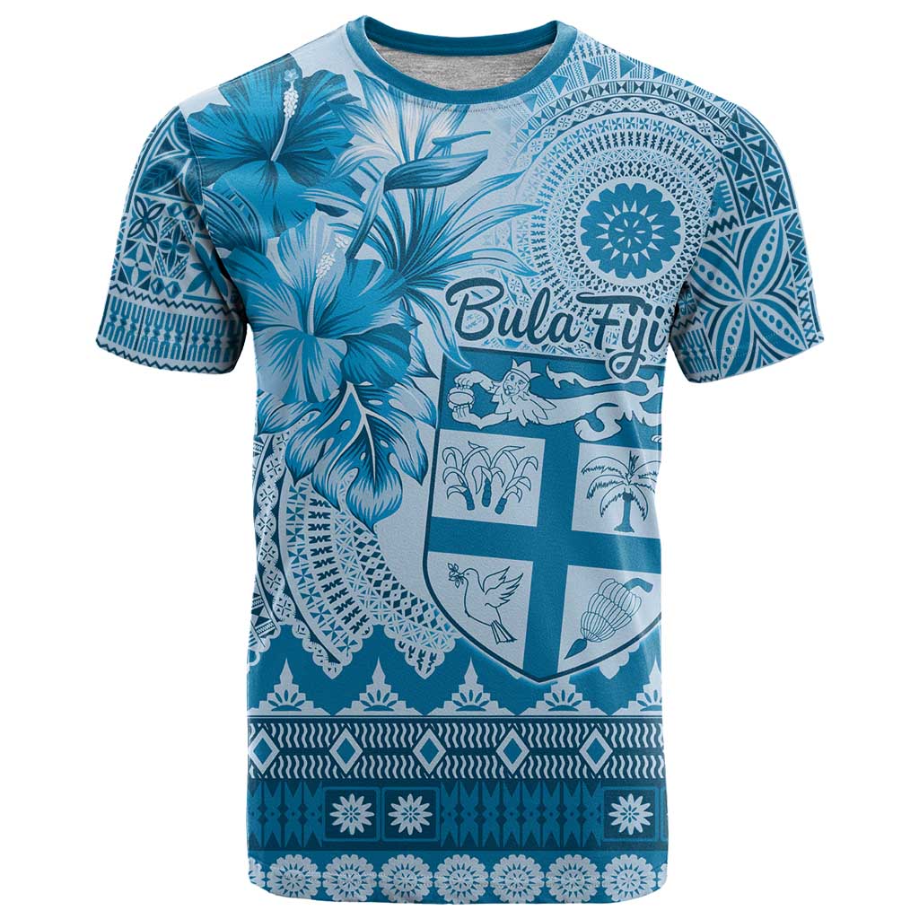 Vintage Bula Fiji Personalised T Shirt Blue Hibiscus Tapa Pattern LT9 Blue - Polynesian Pride
