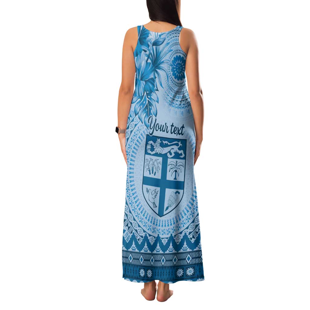Vintage Bula Fiji Personalised Tank Maxi Dress Blue Hibiscus Tapa Pattern
