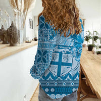 Vintage Bula Fiji Personalised Women Casual Shirt Blue Hibiscus Tapa Pattern