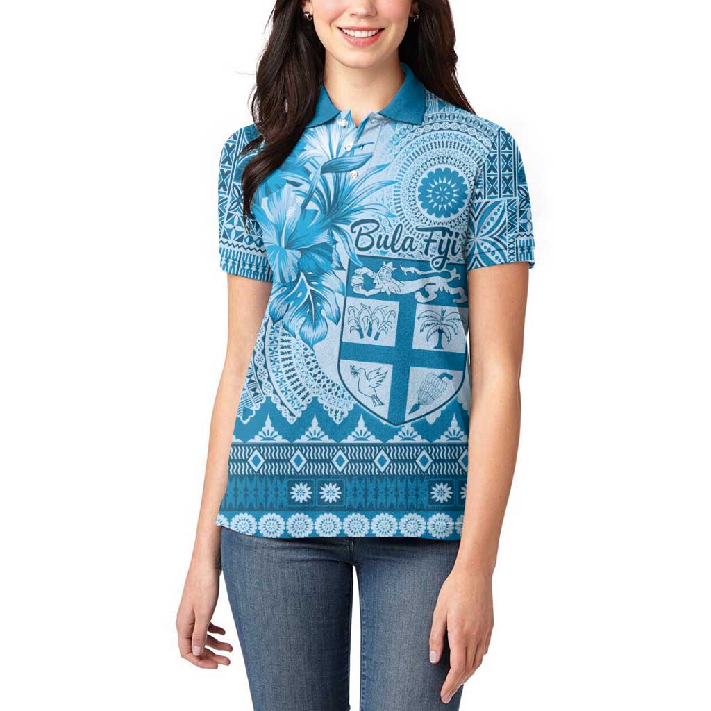 Vintage Bula Fiji Personalised Women Polo Shirt Blue Hibiscus Tapa Pattern