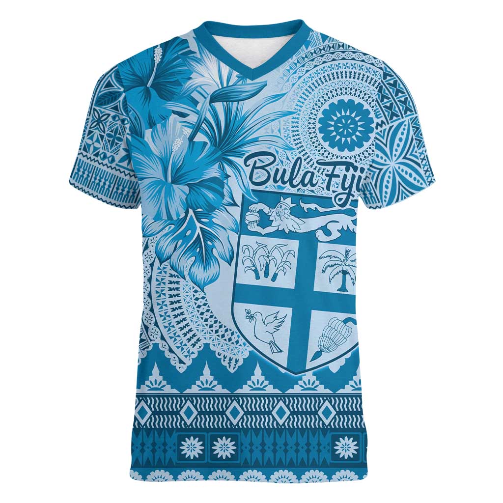 Vintage Bula Fiji Personalised Women V-Neck T-Shirt Blue Hibiscus Tapa Pattern LT9 Female Blue - Polynesian Pride