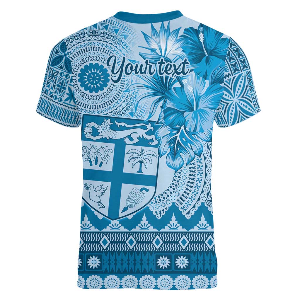 Vintage Bula Fiji Personalised Women V-Neck T-Shirt Blue Hibiscus Tapa Pattern LT9 - Polynesian Pride