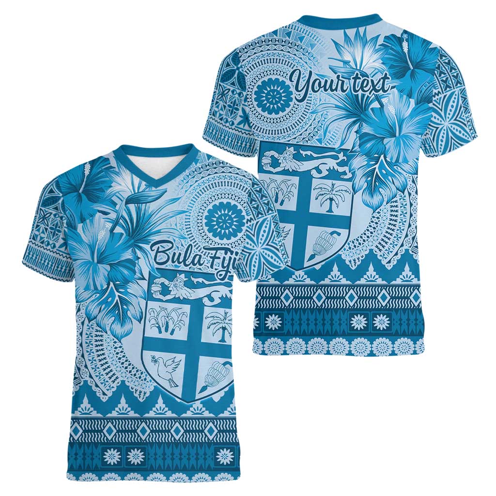 Vintage Bula Fiji Personalised Women V-Neck T-Shirt Blue Hibiscus Tapa Pattern LT9 - Polynesian Pride