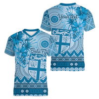Vintage Bula Fiji Personalised Women V-Neck T-Shirt Blue Hibiscus Tapa Pattern LT9 - Polynesian Pride