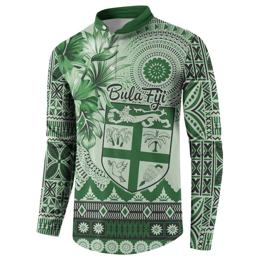 Vintage Bula Fiji Personalised Button Sweatshirt Green Hibiscus Tapa Pattern