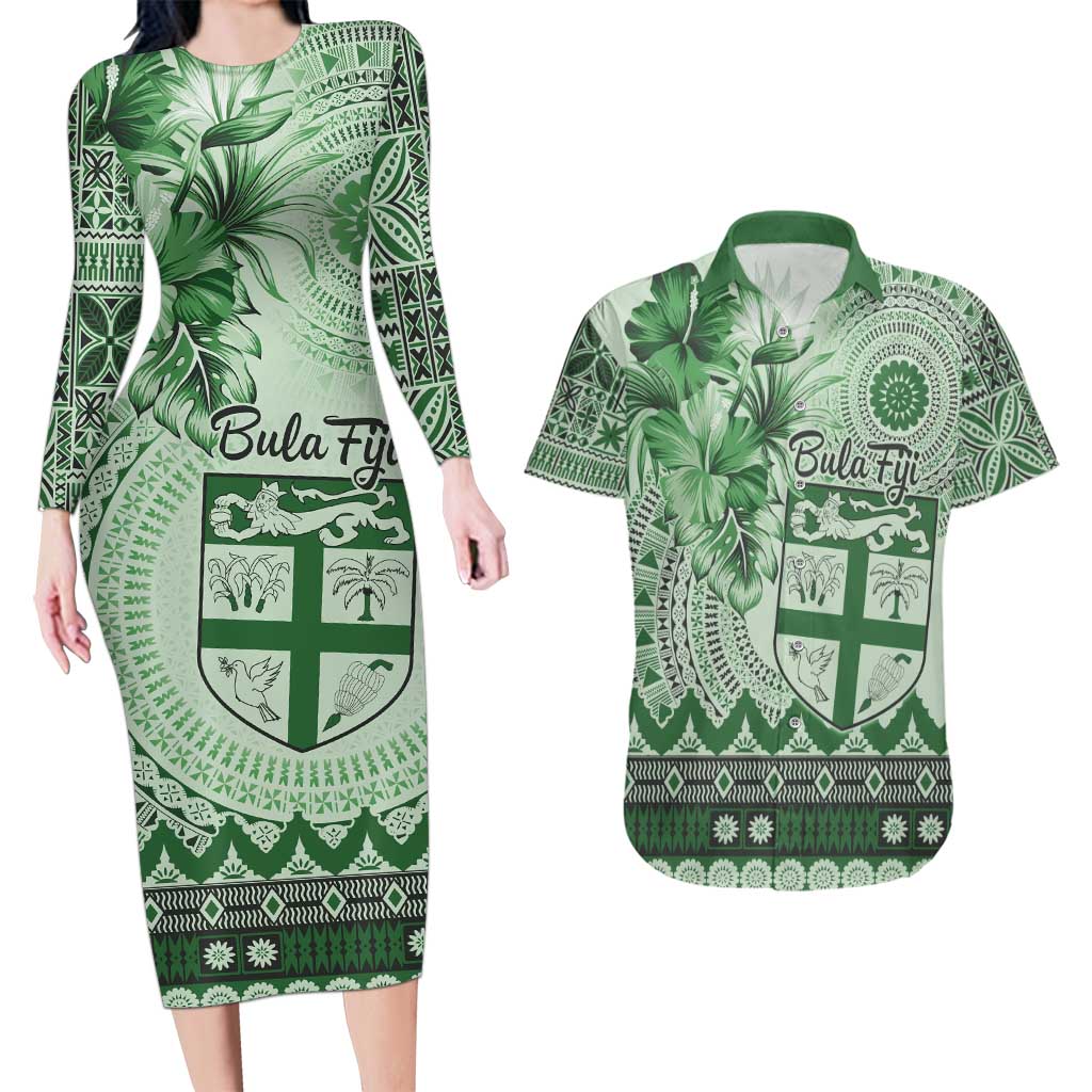 Vintage Bula Fiji Personalised Couples Matching Long Sleeve Bodycon Dress and Hawaiian Shirt Green Hibiscus Tapa Pattern LT9 Green - Polynesian Pride