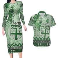 Vintage Bula Fiji Personalised Couples Matching Long Sleeve Bodycon Dress and Hawaiian Shirt Green Hibiscus Tapa Pattern LT9 Green - Polynesian Pride