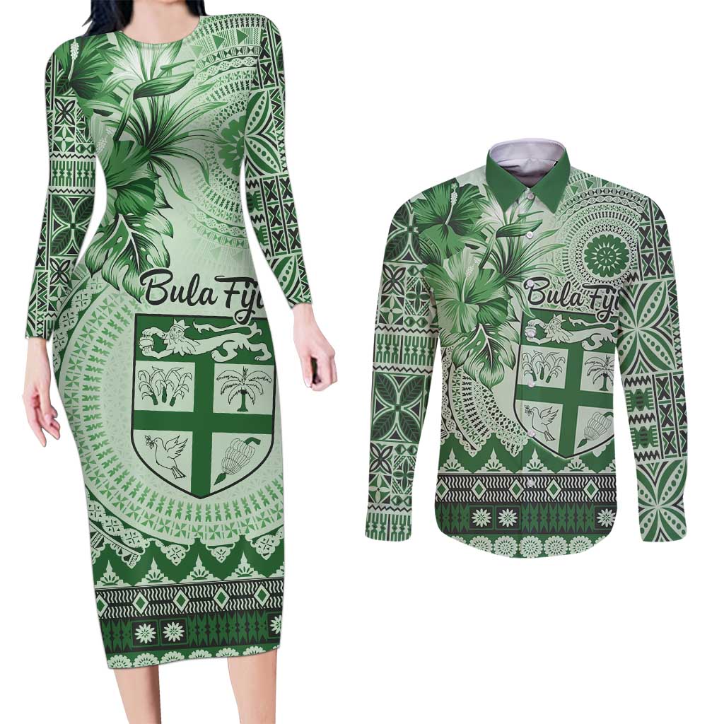 Vintage Bula Fiji Personalised Couples Matching Long Sleeve Bodycon Dress and Long Sleeve Button Shirt Green Hibiscus Tapa Pattern LT9 Green - Polynesian Pride