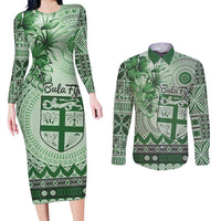 Vintage Bula Fiji Personalised Couples Matching Long Sleeve Bodycon Dress and Long Sleeve Button Shirt Green Hibiscus Tapa Pattern LT9 Green - Polynesian Pride