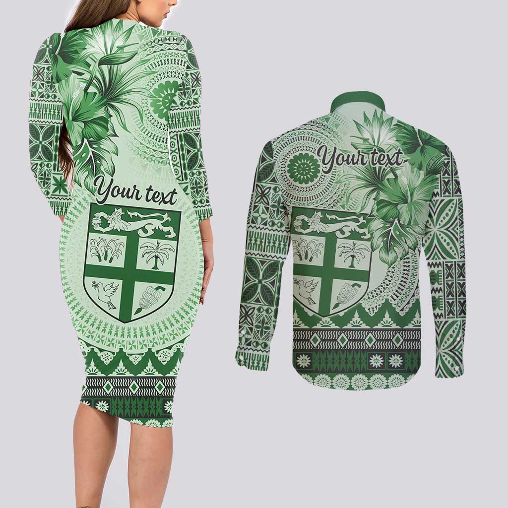 Vintage Bula Fiji Personalised Couples Matching Long Sleeve Bodycon Dress and Long Sleeve Button Shirt Green Hibiscus Tapa Pattern LT9 - Polynesian Pride