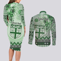 Vintage Bula Fiji Personalised Couples Matching Long Sleeve Bodycon Dress and Long Sleeve Button Shirt Green Hibiscus Tapa Pattern LT9 - Polynesian Pride