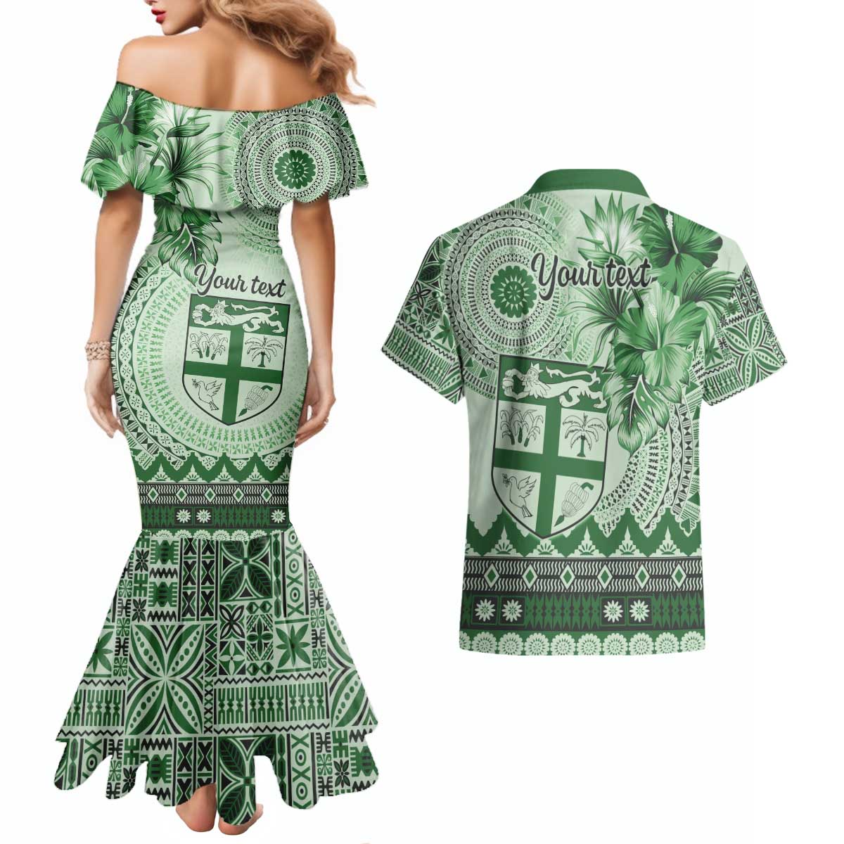 Vintage Bula Fiji Personalised Couples Matching Mermaid Dress and Hawaiian Shirt Green Hibiscus Tapa Pattern LT9 - Polynesian Pride