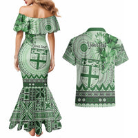 Vintage Bula Fiji Personalised Couples Matching Mermaid Dress and Hawaiian Shirt Green Hibiscus Tapa Pattern LT9 - Polynesian Pride