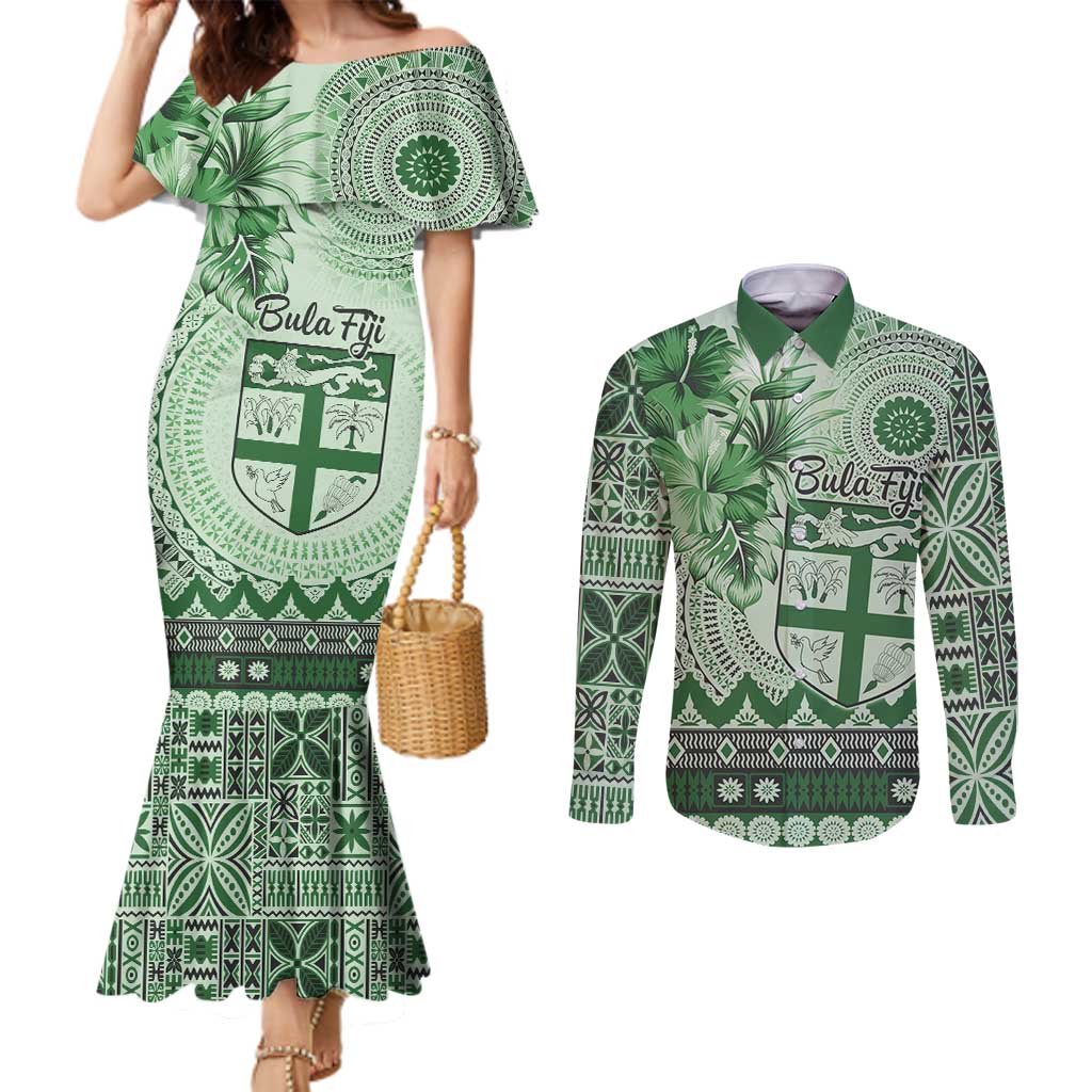 Vintage Bula Fiji Personalised Couples Matching Mermaid Dress and Long Sleeve Button Shirt Green Hibiscus Tapa Pattern LT9 Green - Polynesian Pride