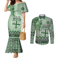 Vintage Bula Fiji Personalised Couples Matching Mermaid Dress and Long Sleeve Button Shirt Green Hibiscus Tapa Pattern LT9 Green - Polynesian Pride