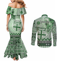 Vintage Bula Fiji Personalised Couples Matching Mermaid Dress and Long Sleeve Button Shirt Green Hibiscus Tapa Pattern LT9 - Polynesian Pride