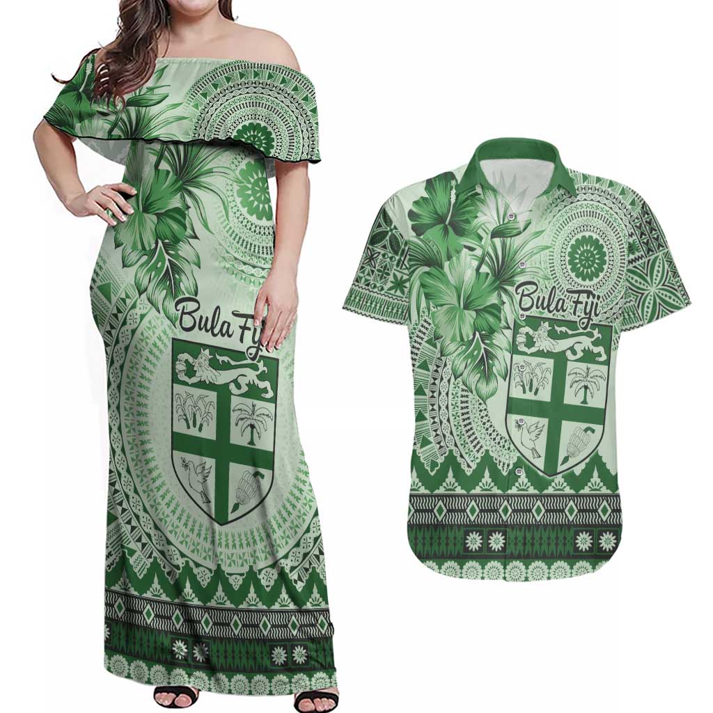 Vintage Bula Fiji Personalised Couples Matching Off Shoulder Maxi Dress and Hawaiian Shirt Green Hibiscus Tapa Pattern LT9 Green - Polynesian Pride