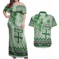 Vintage Bula Fiji Personalised Couples Matching Off Shoulder Maxi Dress and Hawaiian Shirt Green Hibiscus Tapa Pattern LT9 Green - Polynesian Pride