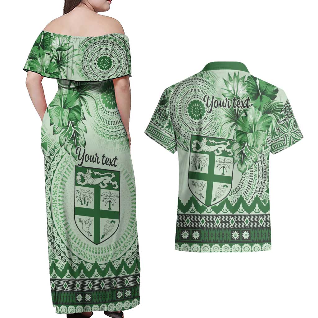 Vintage Bula Fiji Personalised Couples Matching Off Shoulder Maxi Dress and Hawaiian Shirt Green Hibiscus Tapa Pattern LT9 - Polynesian Pride