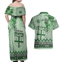 Vintage Bula Fiji Personalised Couples Matching Off Shoulder Maxi Dress and Hawaiian Shirt Green Hibiscus Tapa Pattern LT9 - Polynesian Pride