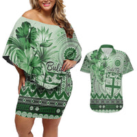 Vintage Bula Fiji Personalised Couples Matching Off Shoulder Short Dress and Hawaiian Shirt Green Hibiscus Tapa Pattern LT9 Green - Polynesian Pride