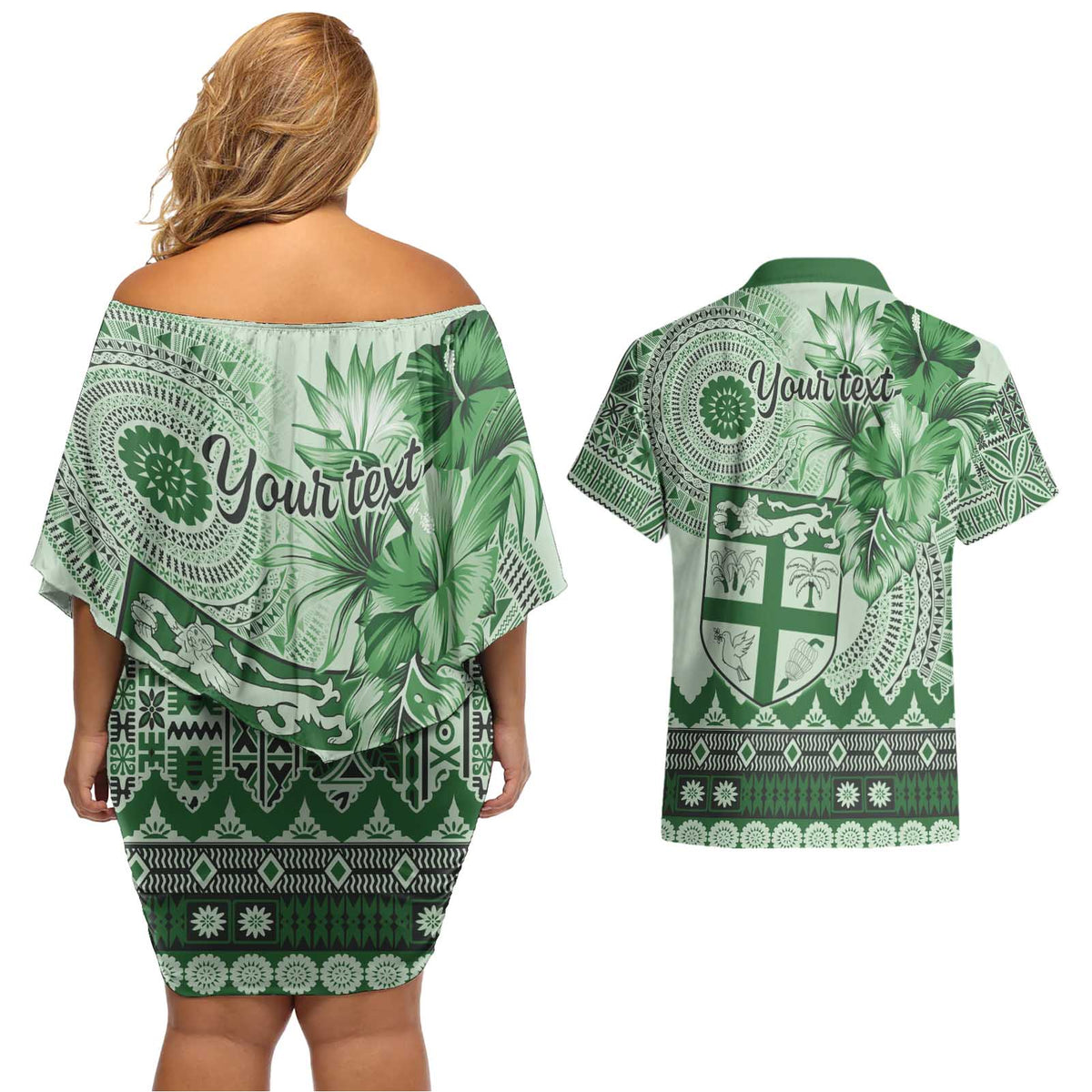 Vintage Bula Fiji Personalised Couples Matching Off Shoulder Short Dress and Hawaiian Shirt Green Hibiscus Tapa Pattern LT9 - Polynesian Pride