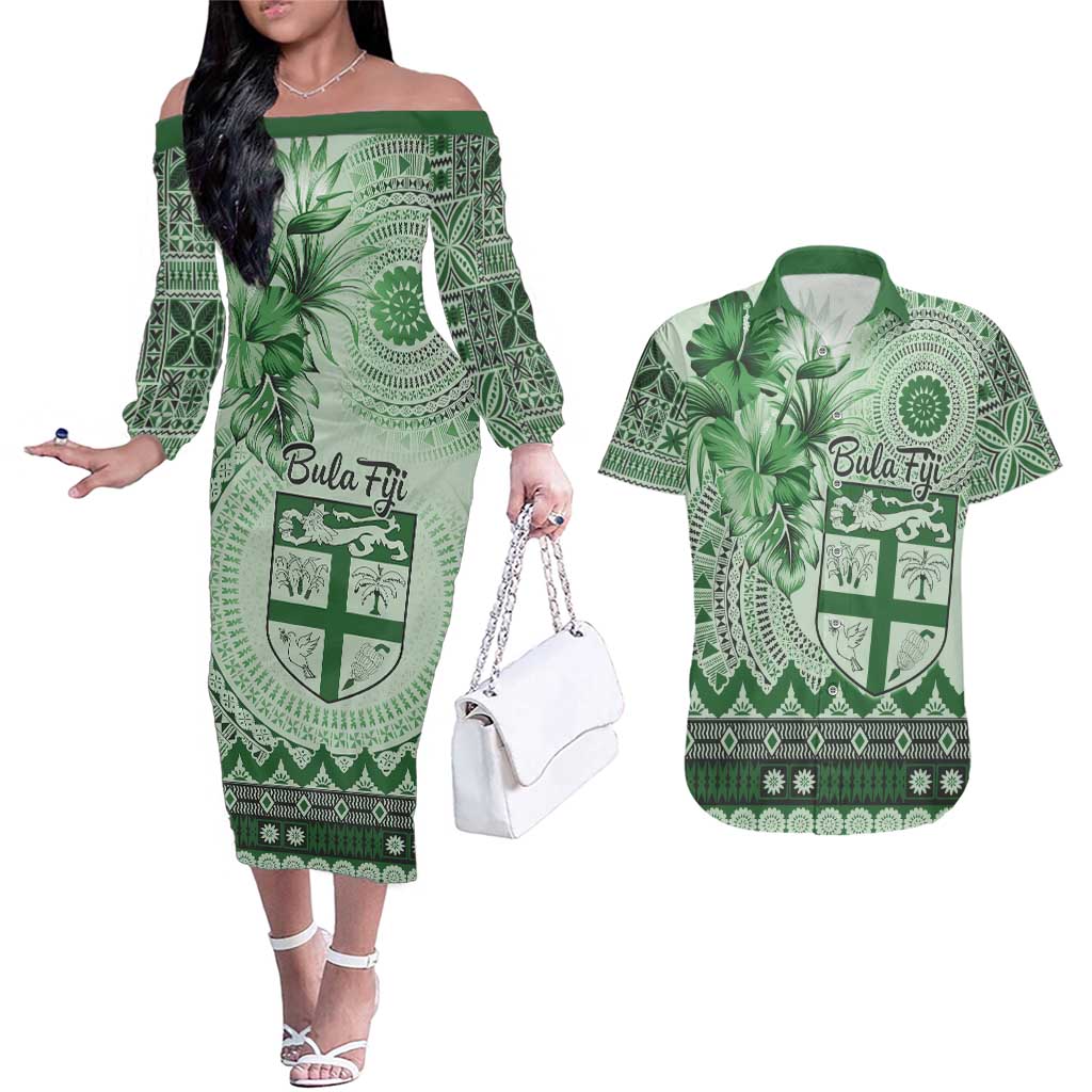 Vintage Bula Fiji Personalised Couples Matching Off The Shoulder Long Sleeve Dress and Hawaiian Shirt Green Hibiscus Tapa Pattern LT9 Green - Polynesian Pride