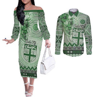 Vintage Bula Fiji Personalised Couples Matching Off The Shoulder Long Sleeve Dress and Long Sleeve Button Shirt Green Hibiscus Tapa Pattern LT9 Green - Polynesian Pride