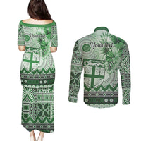 Vintage Bula Fiji Personalised Couples Matching Puletasi and Long Sleeve Button Shirt Green Hibiscus Tapa Pattern