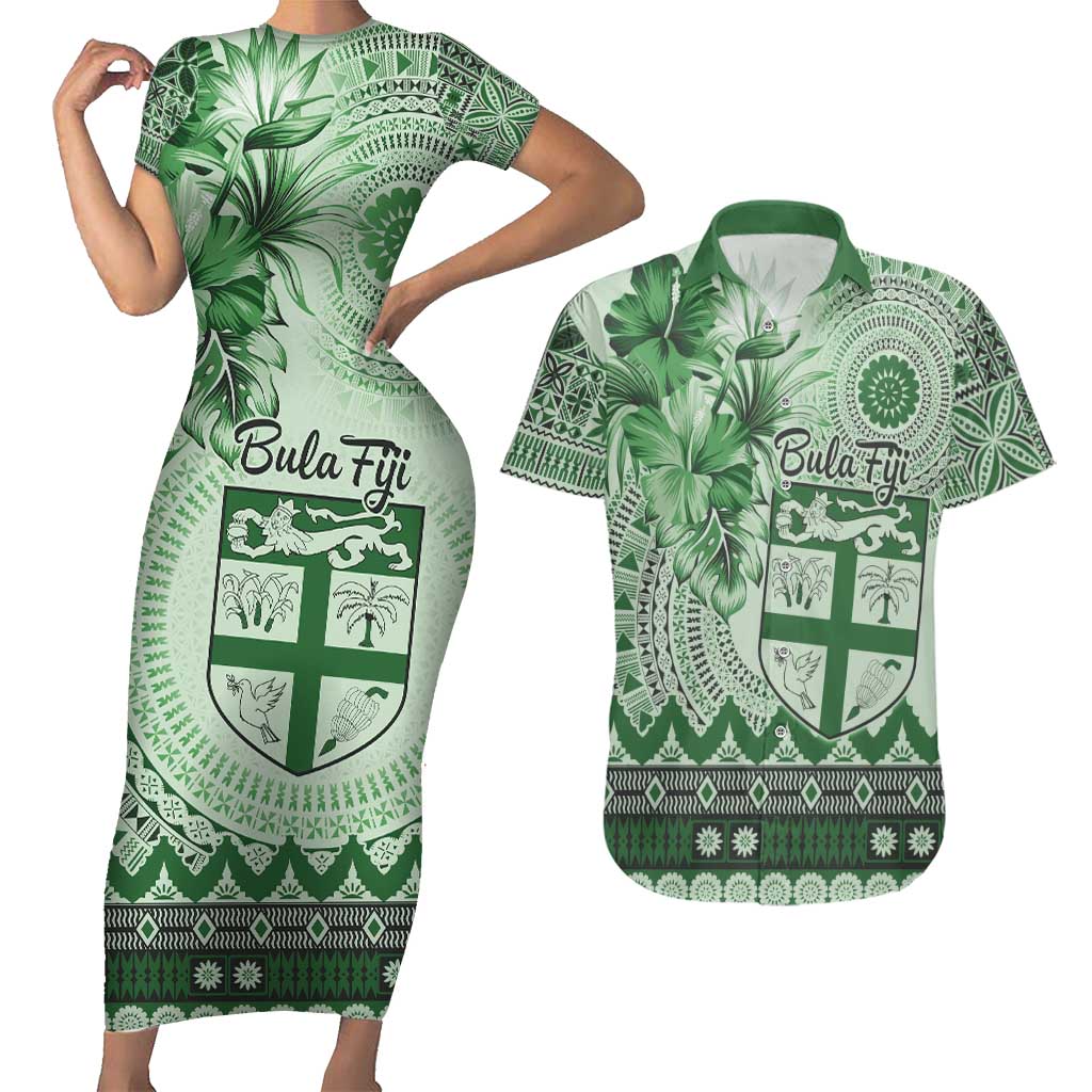 Vintage Bula Fiji Personalised Couples Matching Short Sleeve Bodycon Dress and Hawaiian Shirt Green Hibiscus Tapa Pattern LT9 Green - Polynesian Pride