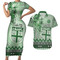 Vintage Bula Fiji Personalised Couples Matching Short Sleeve Bodycon Dress and Hawaiian Shirt Green Hibiscus Tapa Pattern LT9 Green - Polynesian Pride