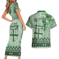 Vintage Bula Fiji Personalised Couples Matching Short Sleeve Bodycon Dress and Hawaiian Shirt Green Hibiscus Tapa Pattern LT9 - Polynesian Pride