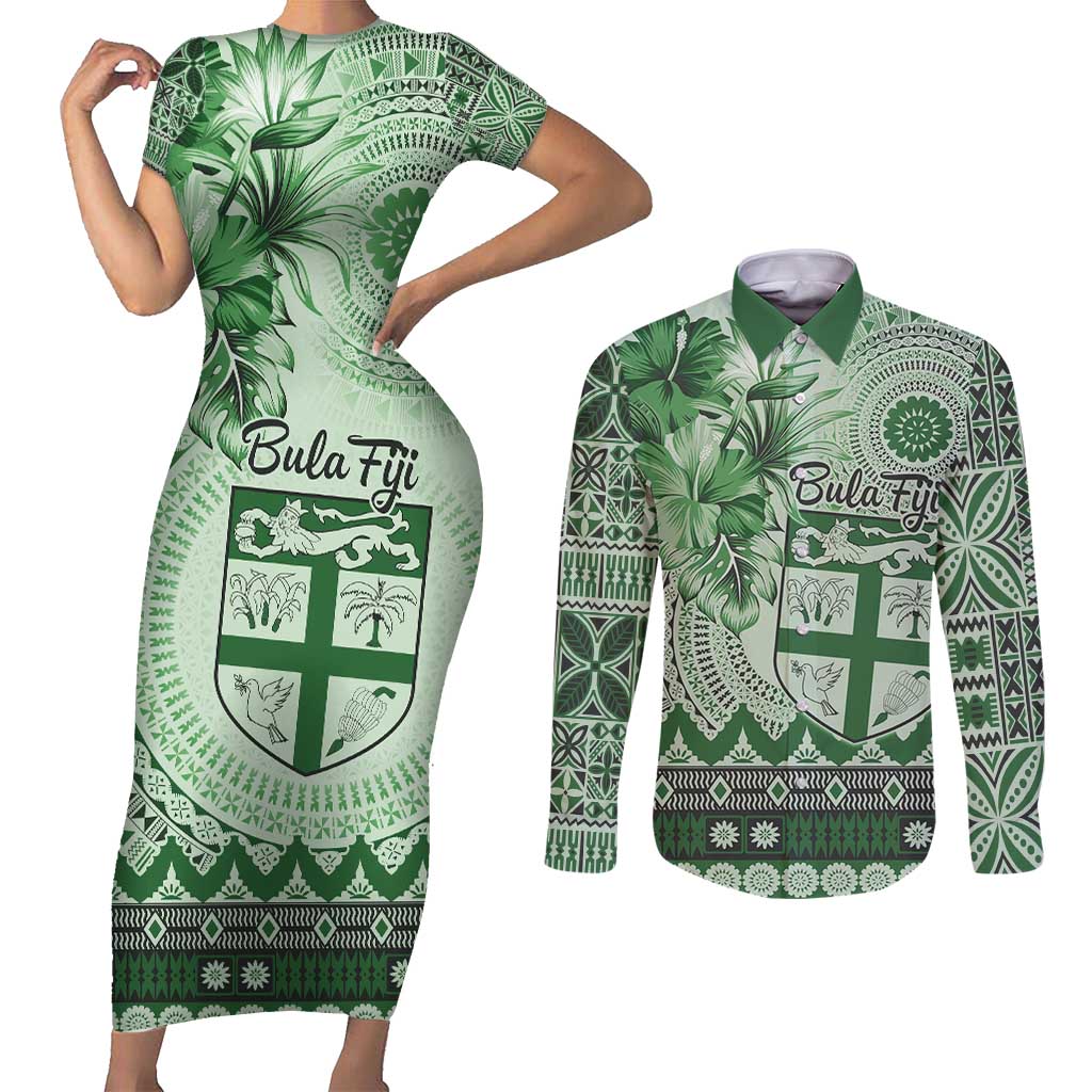 Vintage Bula Fiji Personalised Couples Matching Short Sleeve Bodycon Dress and Long Sleeve Button Shirt Green Hibiscus Tapa Pattern LT9 Green - Polynesian Pride
