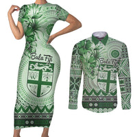 Vintage Bula Fiji Personalised Couples Matching Short Sleeve Bodycon Dress and Long Sleeve Button Shirt Green Hibiscus Tapa Pattern LT9 Green - Polynesian Pride