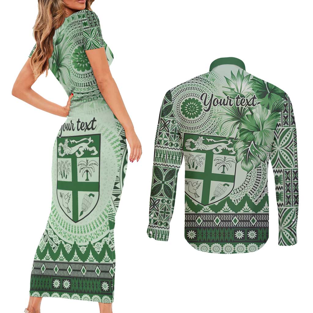 Vintage Bula Fiji Personalised Couples Matching Short Sleeve Bodycon Dress and Long Sleeve Button Shirt Green Hibiscus Tapa Pattern LT9 - Polynesian Pride