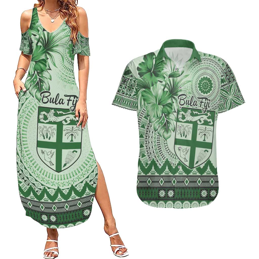 Vintage Bula Fiji Personalised Couples Matching Summer Maxi Dress and Hawaiian Shirt Green Hibiscus Tapa Pattern LT9 Green - Polynesian Pride