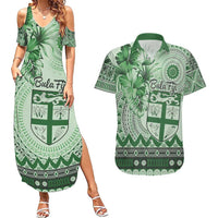 Vintage Bula Fiji Personalised Couples Matching Summer Maxi Dress and Hawaiian Shirt Green Hibiscus Tapa Pattern LT9 Green - Polynesian Pride