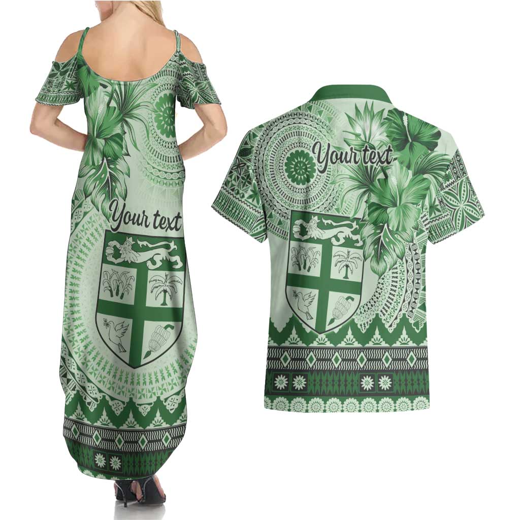 Vintage Bula Fiji Personalised Couples Matching Summer Maxi Dress and Hawaiian Shirt Green Hibiscus Tapa Pattern LT9 - Polynesian Pride