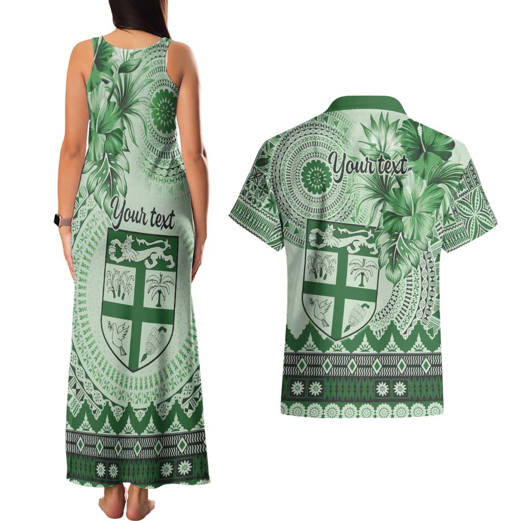 Vintage Bula Fiji Personalised Couples Matching Tank Maxi Dress and Hawaiian Shirt Green Hibiscus Tapa Pattern LT9 - Polynesian Pride