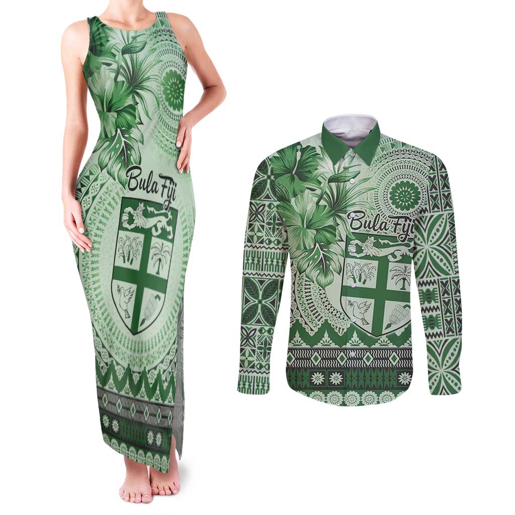 Vintage Bula Fiji Personalised Couples Matching Tank Maxi Dress and Long Sleeve Button Shirt Green Hibiscus Tapa Pattern LT9 Green - Polynesian Pride