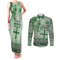 Vintage Bula Fiji Personalised Couples Matching Tank Maxi Dress and Long Sleeve Button Shirt Green Hibiscus Tapa Pattern LT9 Green - Polynesian Pride