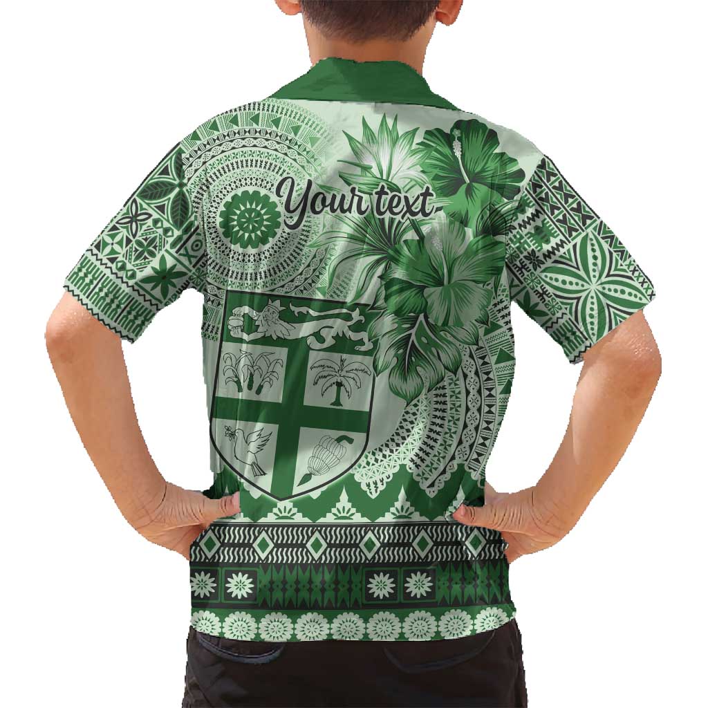 Vintage Bula Fiji Personalised Family Matching Long Sleeve Bodycon Dress and Hawaiian Shirt Green Hibiscus Tapa Pattern LT9 - Polynesian Pride