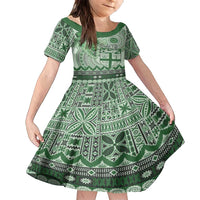 Vintage Bula Fiji Personalised Family Matching Long Sleeve Bodycon Dress and Hawaiian Shirt Green Hibiscus Tapa Pattern LT9 Daughter's Dress Green - Polynesian Pride