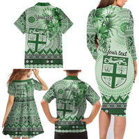Vintage Bula Fiji Personalised Family Matching Long Sleeve Bodycon Dress and Hawaiian Shirt Green Hibiscus Tapa Pattern LT9 - Polynesian Pride