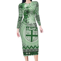 Vintage Bula Fiji Personalised Family Matching Long Sleeve Bodycon Dress and Hawaiian Shirt Green Hibiscus Tapa Pattern LT9 Mom's Dress Green - Polynesian Pride