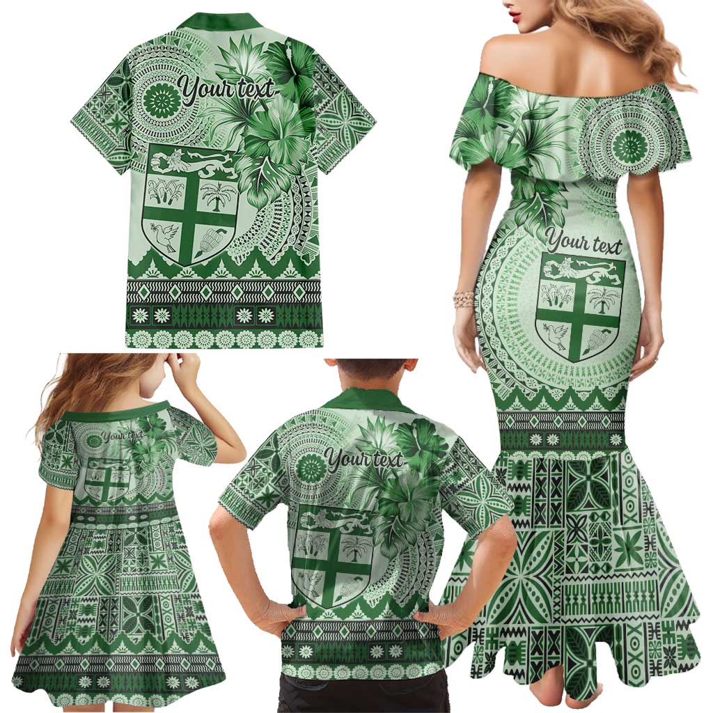 Vintage Bula Fiji Personalised Family Matching Mermaid Dress and Hawaiian Shirt Green Hibiscus Tapa Pattern LT9 - Polynesian Pride