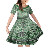 Vintage Bula Fiji Personalised Family Matching Off The Shoulder Long Sleeve Dress and Hawaiian Shirt Green Hibiscus Tapa Pattern LT9 Daughter's Dress Green - Polynesian Pride