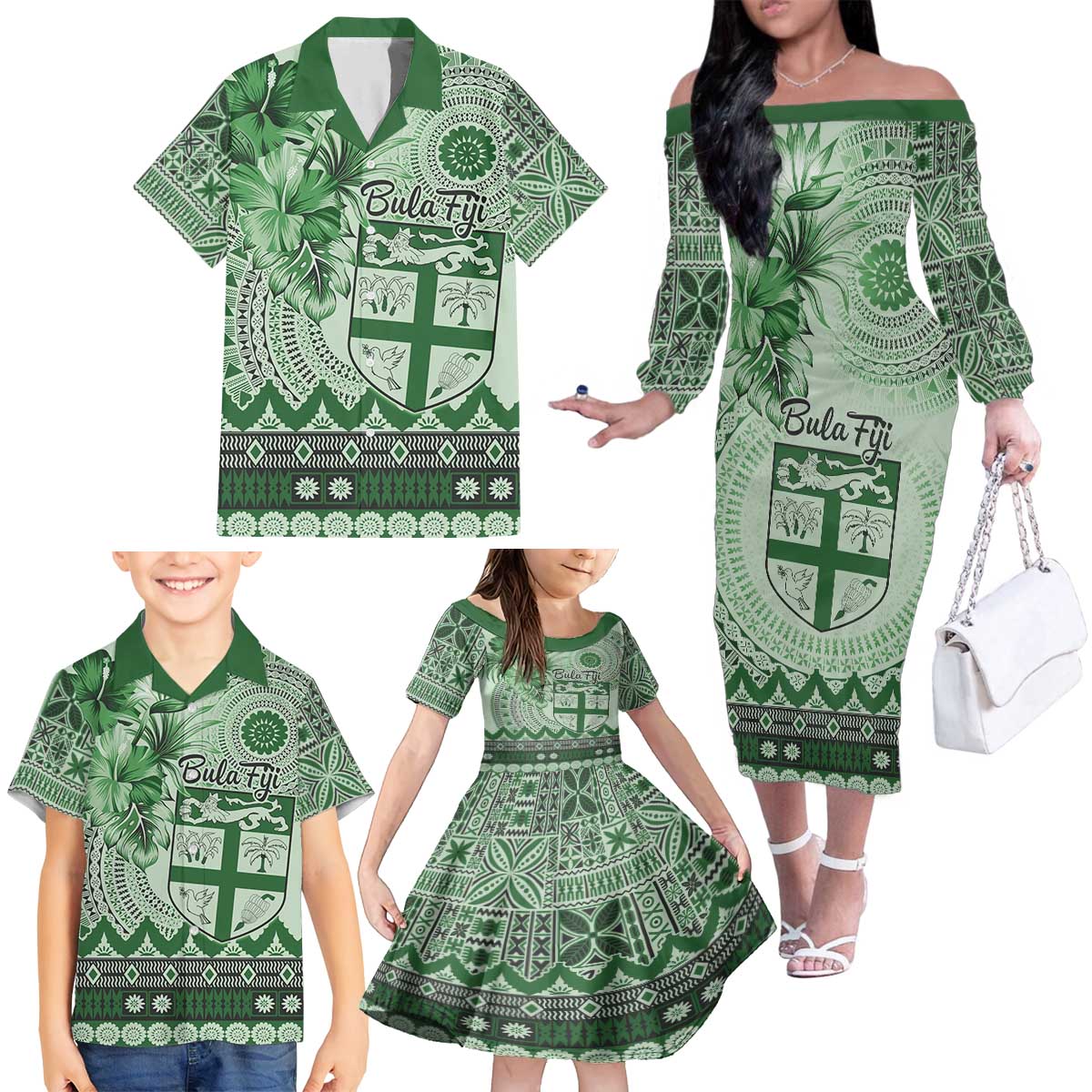 Vintage Bula Fiji Personalised Family Matching Off The Shoulder Long Sleeve Dress and Hawaiian Shirt Green Hibiscus Tapa Pattern LT9 - Polynesian Pride