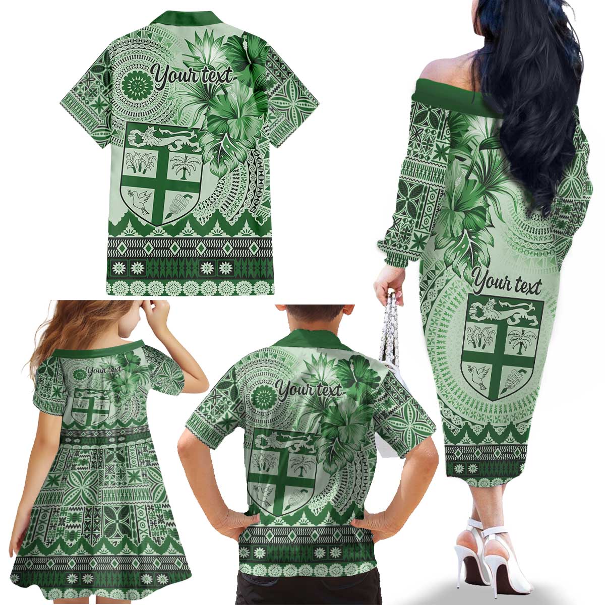 Vintage Bula Fiji Personalised Family Matching Off The Shoulder Long Sleeve Dress and Hawaiian Shirt Green Hibiscus Tapa Pattern LT9 - Polynesian Pride