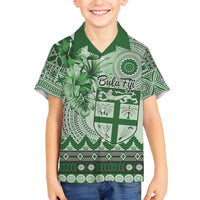 Vintage Bula Fiji Personalised Family Matching Off The Shoulder Long Sleeve Dress and Hawaiian Shirt Green Hibiscus Tapa Pattern LT9 Son's Shirt Green - Polynesian Pride